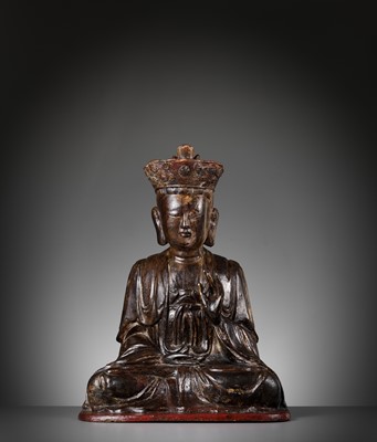 Lot 663 - A GILT AND LACQUERED WOOD FIGURE OF BUDDHA, VIETNAM, 17TH-18TH CENTURY