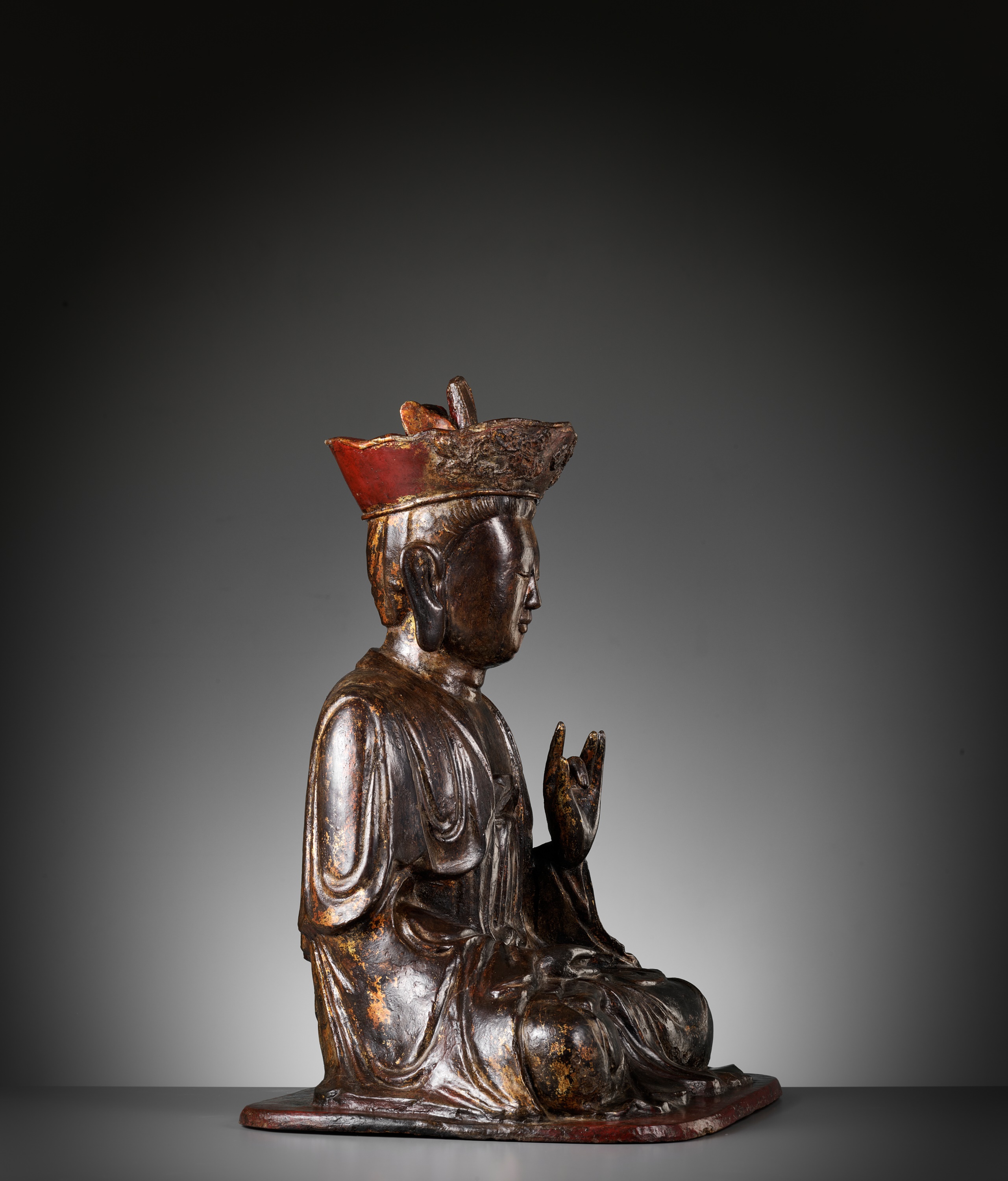 Lot 663 - A GILT AND LACQUERED WOOD FIGURE OF BUDDHA,