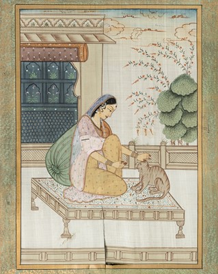 Lot 2137 - A LARGE INDIAN SILK PAINTING OF A NOBLEWOMAN WITH CAT