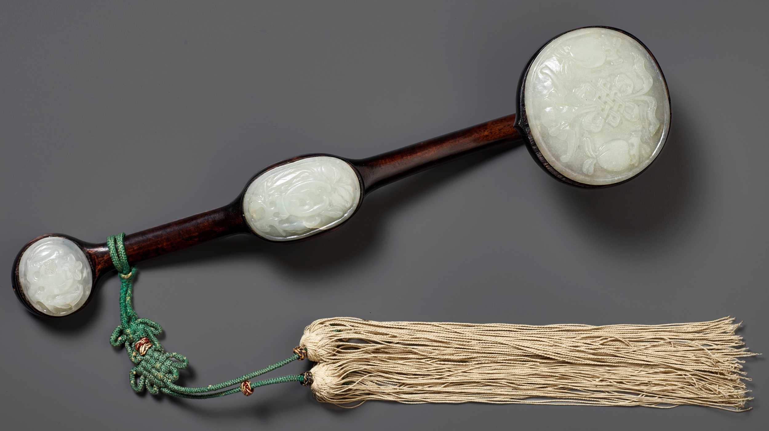 A PALE CELADON JADE-MOUNTED WOOD RUYI SCEPTER, QING DYNASTY