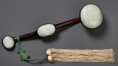 Lot 178 - A PALE CELADON JADE-MOUNTED WOOD RUYI SCEPTER, QING DYNASTY