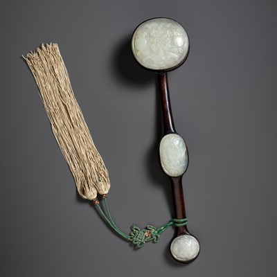 Lot 120 - A PALE CELADON JADE-MOUNTED WOOD RUYI SCEPTER, QING DYNASTY