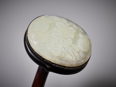 Lot 357 - A PALE CELADON JADE-MOUNTED WOOD RUYI SCEPTER, QING DYNASTY