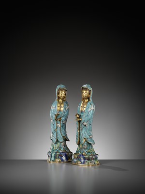 Lot 266 - A RARE PAIR OF CLOISONNÉ ENAMEL FIGURES DEPICTING GUANYIN, QING DYNASTY