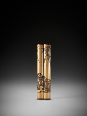 Lot 205 - A RARE DOUBLE BRUSH CONTAINER WITH TIGER IN BAMBOO, YATATE (PORTABLE WRITING SET)