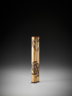 Lot 205 - A RARE DOUBLE BRUSH CONTAINER WITH TIGER IN BAMBOO, YATATE (PORTABLE WRITING SET)