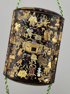 Lot 174 - A HIGHLY UNUSUAL BLACK AND GOLD LACQUER FOUR-CASE INRO OF A MONKEY FESTIVAL