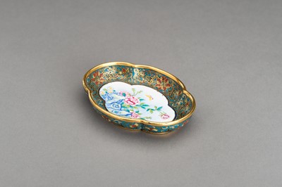 Lot 3 - A LOBED CLOISONNÉ ‘BUTTERFLY AND PEONIES’ DISH, c. 1920s