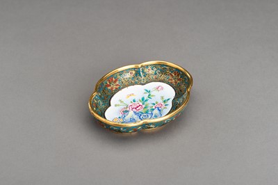 Lot 3 - A LOBED CLOISONNÉ ‘BUTTERFLY AND PEONIES’ DISH, c. 1920s