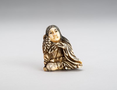 Lot 903 - AN IVORY NETSUKE OF KIKUJIDO