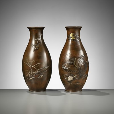 Lot 74 - CHOMIN: A SUPERB PAIR OF INLAID BRONZE VASES WITH MINOGAME AND GEESE