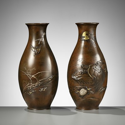 Lot 124 - CHOMIN: A SUPERB PAIR OF INLAID BRONZE VASES WITH MINOGAME AND GEESE