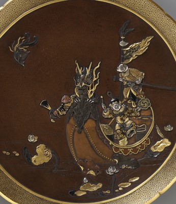 Lot 72 - INOUE: A SUPERB INLAID BRONZE DISH DEPICTING BOYS ON A DRAGON BOAT
