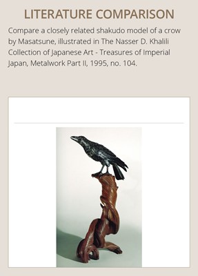 Lot 71 - A SUPERB SHAKUDO OKIMONO DEPICTING AN AUTUMNAL SCENE OF A CROW WITH MAPLE LEAVES