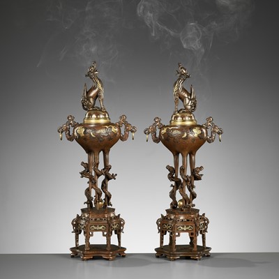 Lot 63 - A PAIR OF SUPERB GOLD-INLAID BRONZE ‘MYTHICAL BEASTS’ KORO (INCENSE BURNERS) AND COVERS