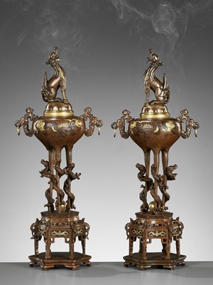 Lot 123 - A PAIR OF SUPERB TAKAOKA GOLD-INLAID BRONZE ‘MYTHICAL BEASTS’ KORO (INCENSE BURNERS) AND COVERS