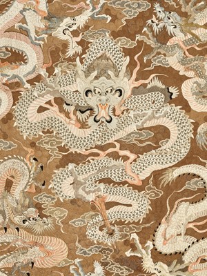 Lot 1239 - AN EXCEPTIONAL AND VERY LARGE SILK EMBROIDERED ‘SEVEN DRAGON’ WALL HANGING