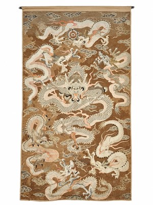 Lot 1239 - AN EXCEPTIONAL AND VERY LARGE SILK EMBROIDERED ‘SEVEN DRAGON’ WALL HANGING