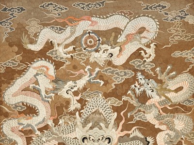 Lot 1239 - AN EXCEPTIONAL AND VERY LARGE SILK EMBROIDERED ‘SEVEN DRAGON’ WALL HANGING