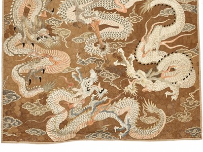 Lot 1239 - AN EXCEPTIONAL AND VERY LARGE SILK EMBROIDERED ‘SEVEN DRAGON’ WALL HANGING