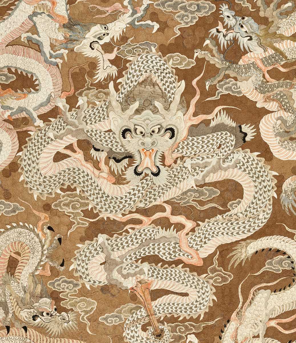 Lot 91 - AN EXCEPTIONAL AND VERY LARGE SILK EMBROIDERED ‘SEVEN DRAGON’ WALL HANGING