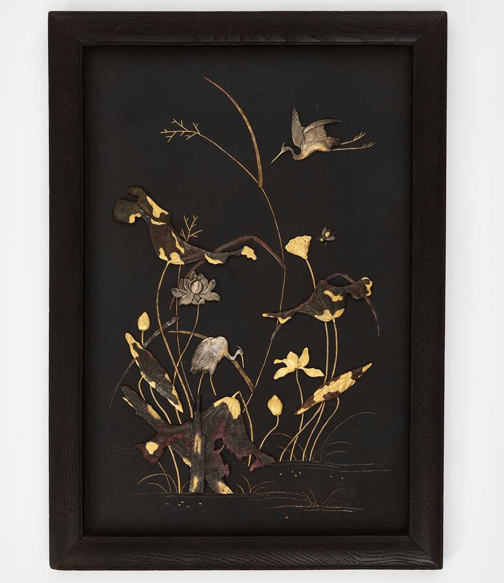 Lot 184 - A FINE INLAID IRON PANEL DEPICTING EGRETS AND LOTUS