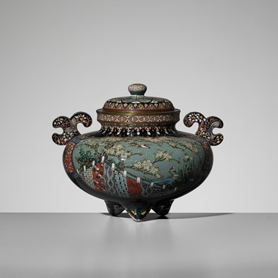 Lot 110 - A FINE CLOISONNÉ KORO (INCENSE BURNER) AND COVER, STYLE OF HAYASHI KODENJI