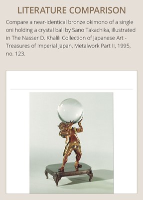Lot 56 - AN IMPRESSIVE BRONZE OF TWO ONI HOLDING A CRYSTAL BALL, ATTRIBUTED TO SANO TAKACHIKA