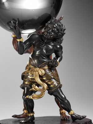 Lot 56 - AN IMPRESSIVE BRONZE OF TWO ONI HOLDING A CRYSTAL BALL, ATTRIBUTED TO SANO TAKACHIKA