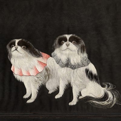 Lot 93 - A SILK EMBROIDERED PANEL DEPICTING A PAIR OF JAPANESE CHIN DOGS