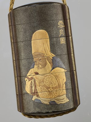 Lot 187 - SORYUSAI: A FINE GOLD LACQUER FIVE-CASE INRO DEPICTING JUROJIN AND MINOGAME, WITH EN SUITE NETSUKE