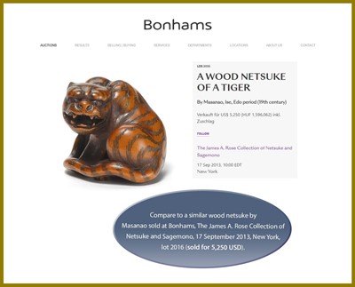 Lot 333 - MASANAO: A WOOD NETSUKE OF A SNARLING TIGER, EDO PERIOD