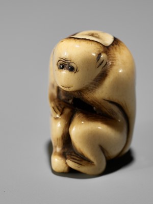 Lot 115 - A CHARMING STAG ANTLER NETSUKE OF A SEATED MONKEY