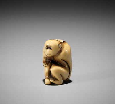 Lot 115 - A CHARMING STAG ANTLER NETSUKE OF A SEATED MONKEY