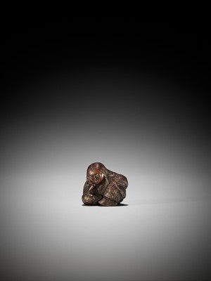 Lot 1449 - TADATOSHI: A SUPERB NAGOYA SCHOOL WOOD NETSUKE OF A SEATED SLEEPING SHOJO