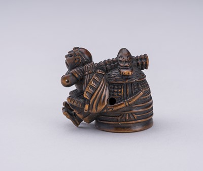 Lot 649 - HIDEKAZU: A WOOD NETSUKE OF BENKEI CARRYING THE BELL OF MIIDERA