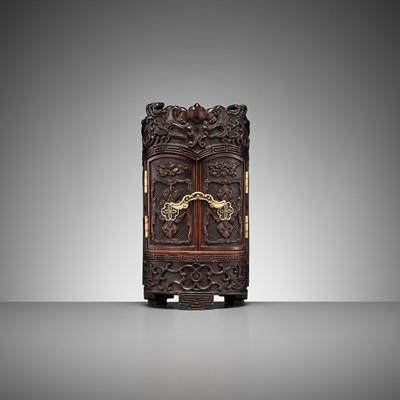 Lot 42 - HOKKYO SESSAI: AN EXTREMELY RARE BAMBOO ZUSHI (PORTABLE SHRINE) WITH STAG ANTLER MOUNTS