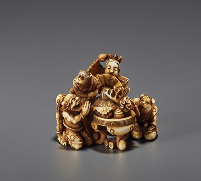 Lot 1500 - AN IVORY NETSUKE OF THE LEGEND OF MOMOTARO BY MITSUO