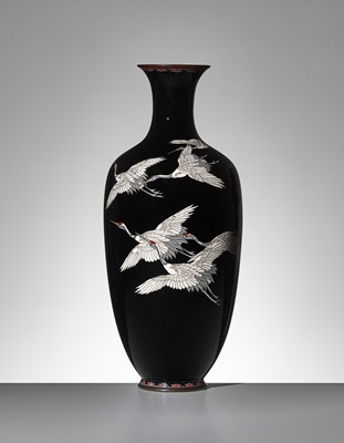 Lot 1167 - A CLOISONNÉ ENAMEL VASE DEPICTING CRANES