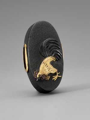 Lot 163 - TAKASE EIZUI: A FINE PAIR OF SHAKUDO NANAKO FUCHI AND KASHIRA WITH ROOSTER AND CHICK