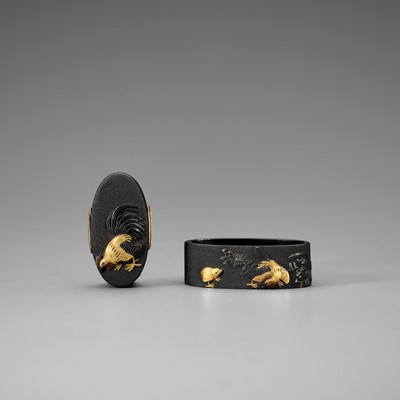 Lot 163 - TAKASE EIZUI: A FINE PAIR OF SHAKUDO NANAKO FUCHI AND KASHIRA WITH ROOSTER AND CHICK
