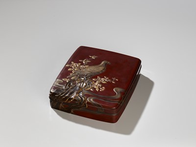 Lot 25 - SHOGAKU: A SUPERB LACQUER SUZURIBAKO DEPICTING AN AUTUMNAL SCENE WITH FALCON AND SPARROWS