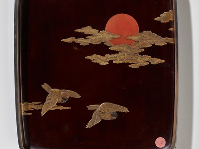 Lot 25 - SHOGAKU: A SUPERB LACQUER SUZURIBAKO DEPICTING AN AUTUMNAL SCENE WITH FALCON AND SPARROWS