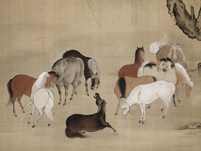 Lot 1262 - KANO YUSEN HIRONOBU: A KANO SCHOOL SILK PAINTING OF HORSES