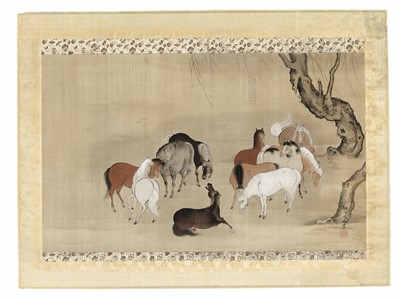 Lot 1262 - KANO YUSEN HIRONOBU: A KANO SCHOOL SILK PAINTING OF HORSES