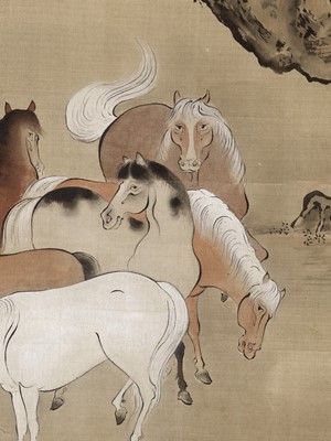 Lot 1262 - KANO YUSEN HIRONOBU: A KANO SCHOOL SILK PAINTING OF HORSES