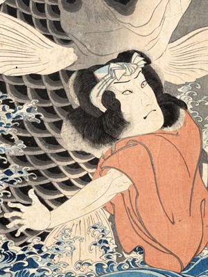 Lot 109 - UTAGAWA KUNIYOSHI: A COLOR WOODBLOCK PRINT OF BENKEI FIGHTING A GIANT CARP