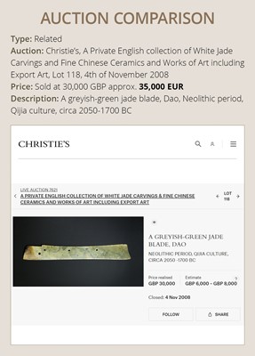 Lot 773 - A LARGE GREEN AND BROWN CEREMONIAL JADE BLADE, QIJIA CULTURE