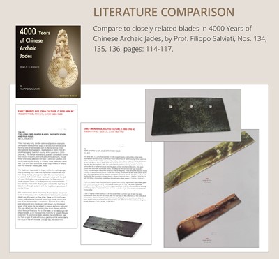 Lot 773 - A LARGE GREEN AND BROWN CEREMONIAL JADE BLADE, QIJIA CULTURE