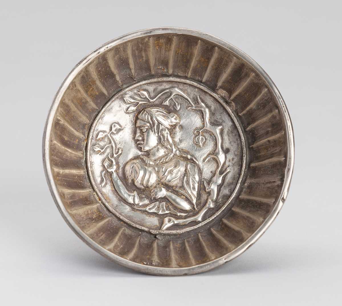 Lot 852 - A GHANDARAN SILVER REPOUSSÉ BOWL WITH FEMALE